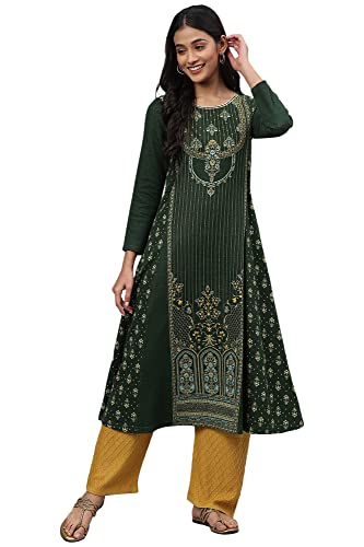 Aurelia Women Mountain View Cotton Blend Floral Yarn Dyed A-Line Kurta_22Noa13697-703480_Xxl Green