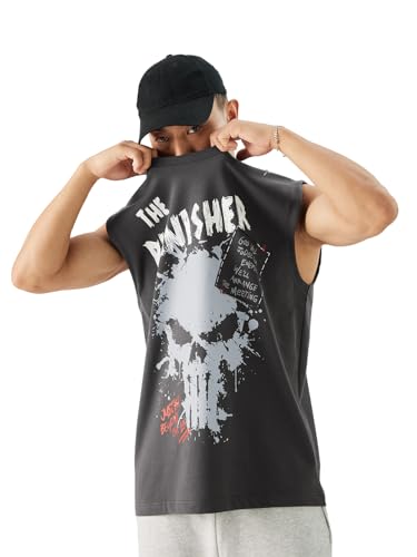The Souled Store Official Punisher: Graffiti Men And Boys Round Neck Sleeveless Grey Graphic Printed Regular Fit Cotton Vests