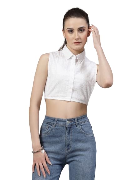Style Quotient Women Self Design White Polycotton Regular Dickey Collar Shirt