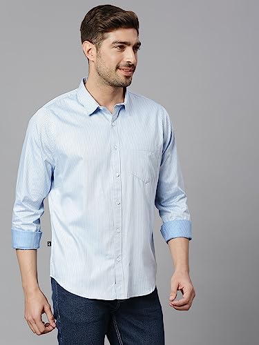 Thomas Scott Mens Striped Slim Fit 100% Cotton Casual Shirt with Spread Collar and Long Sleeve