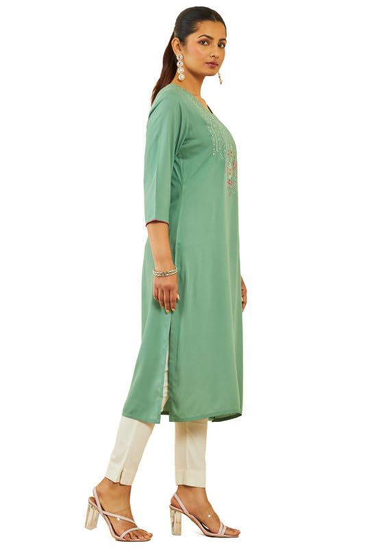 Soch Womens Green Rayon Floral Embroidered Round-Neck Straight Kurta