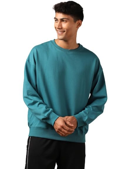 Nobero MenS Cotton Blend Crew Neck Sweatshirt (1M-Twss-R0005_Verdigris Blue