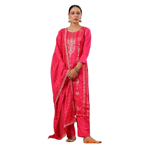 ishin Women's Poly Silk Self Design Fuchsia Straight Kurta Suit Set with Trousers and Dupatta