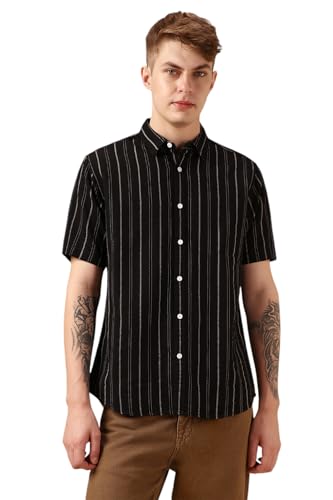 Dennis Lingo Men Black Polycotton Dobby Half Sleeve Spread Collar Stripes Shirts