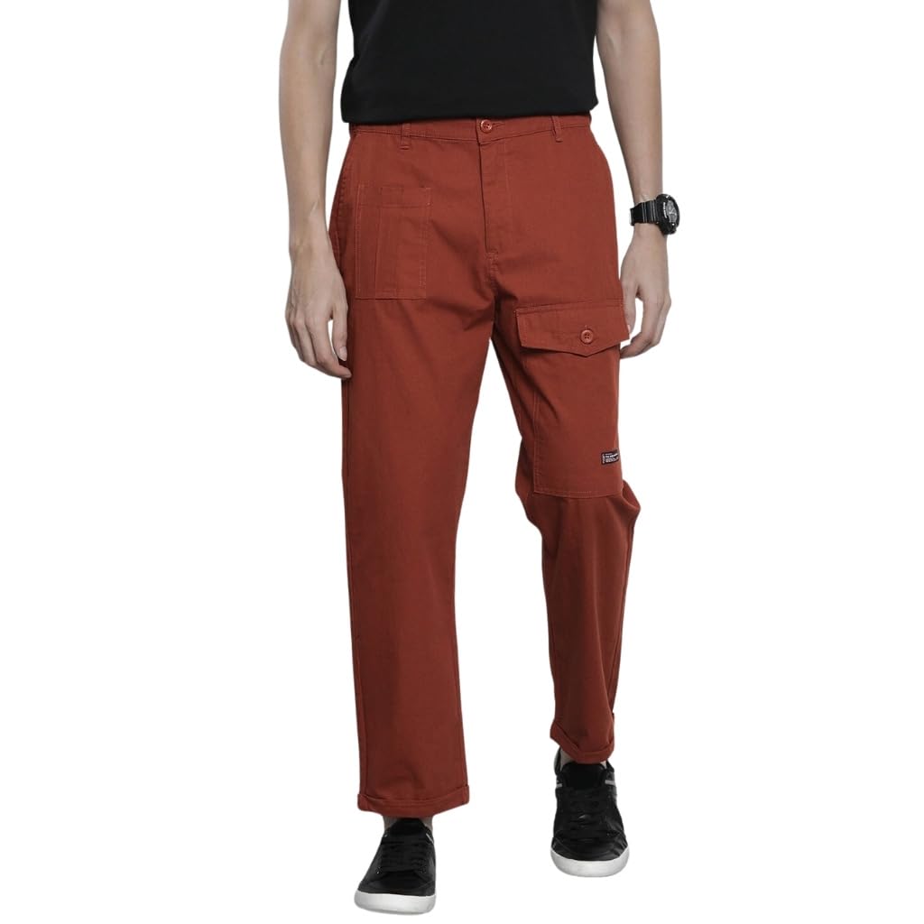 The Indian Garage Co Men Relaxed Fit Solid Mid-Rise Trousers Burnt Orange