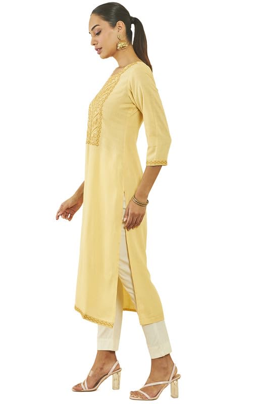 Soch Womens Light Yellow Rayon Slub Embroidered Kurta with Thread Work