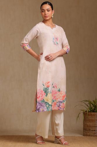 Soch Womens Beige Rayon Botanical Print Kurta with Beads
