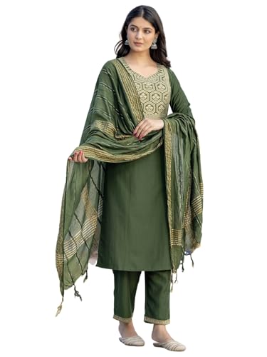 Sanisa Womens Chinnon Weaving Straight Kurta with Pant and Dupatta Set