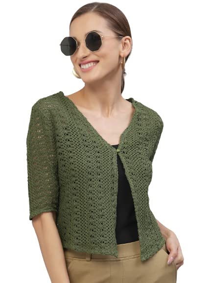 Style Quotient Women Self Design Olive Cotton lace Regular Smart Casual Shrug