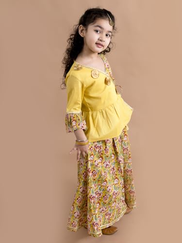 Pspeaches Girls Mustard Yellow Floral Printed Angrakha Pure Cotton Kurti With Palazzos