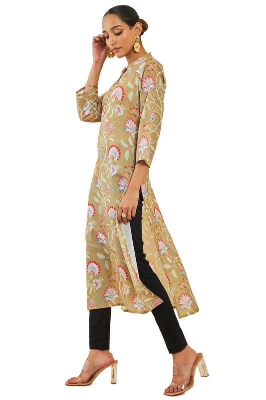 Soch Womens Beige Muslin Floral Print Straight Kurta with Beads Work