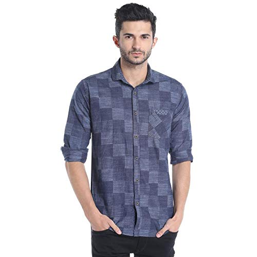 Campus Sutra Mens Indigo Blue Checkered Button Up Shirt Regular Fit for Casual Wear | Structured Shirt Crafted with Regular Ful