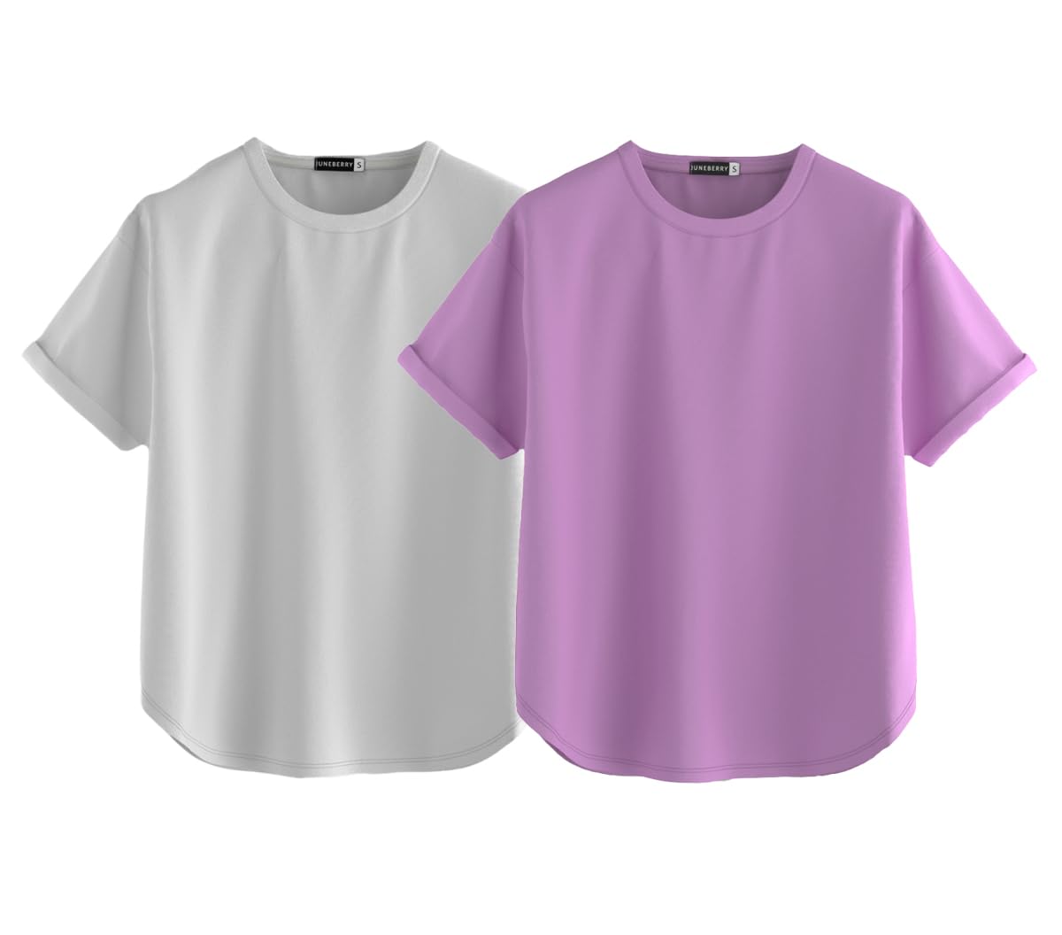 Juneberry Pure 100% Cotton Oversized Loose Baggy Fit Round Neck With Drop Shoulder White & Lilac Half Sleeves Boyfriend T-Shirt