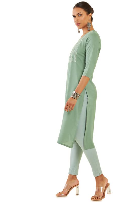 Soch Women Green Rayon Straight Kurta with Embroidered Yoke and Gota Patti Lace