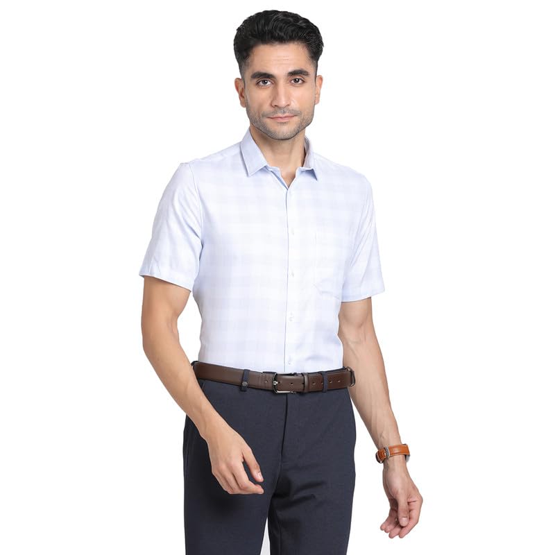 Turtle Men 100% Cotton Cream Checkered Regular Fit Half Sleeve Formal Shirt