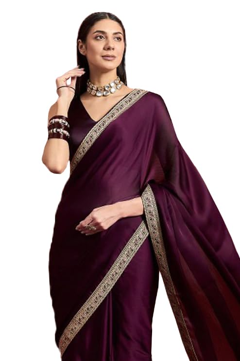 Cb-Colebrook Women'S Soft Satin Saree With Embroidered Sequin Border With Blouse Piece, Traditional Indian Ethnic Wear, Party, W
