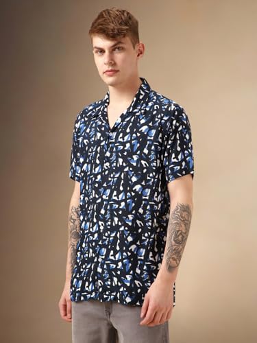 Dennis Lingo Men Navy Blue Rayon Half Sleeve Cuban Collar Aop Shirts_Dlmshmjj24001