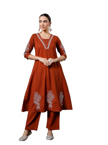 Stylum Womens Solid & EmbroideCotton A-Line Kurta Pant Set