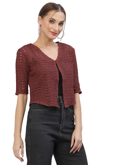 Style Quotient Women Self Design Maroon Cotton lace Regular Smart Casual Shrug