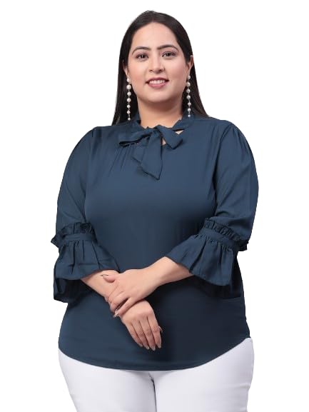 Style Quotient Women Navy Smart Tie-Up Neck Plus Size Top
