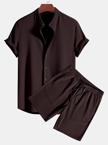 Greciilooks MenS Summer Casual Two Piece Outfit, Textured Button Down Shirt And Shorts Set Brown