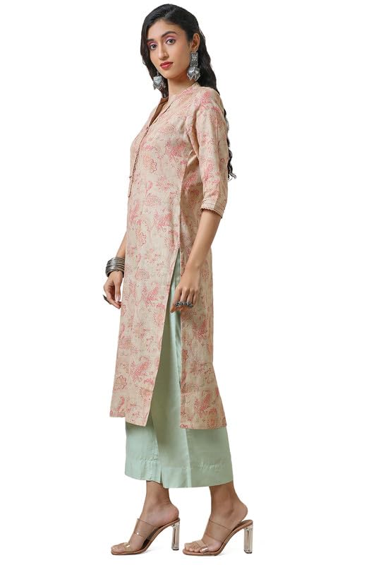 Soch Womens Beige Linen Princess Cut Ethnic Motifs Print Kurta