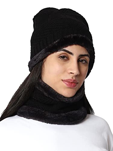 Weavers Villa Snow Proof Inside Fur Acro Wool Unisex Beanie Cap With Neck Warmer Set Knit Hat Thick Fleece Lined Winter Cap For