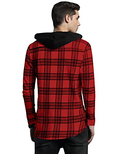 EYEBOGLER Men Checkered Hooded Neck Red T-Shirt