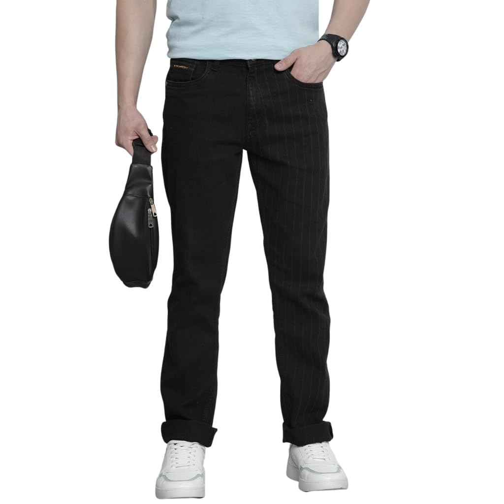 The Indian Garage Co Men Slim Straight Fit Striped Mid-Rise Stretchable Jeans Black