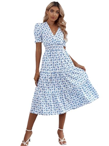 KOTTY Womens Fit and Flare Printed Dress Off White Blue