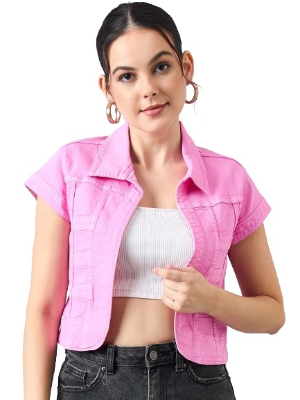 Style Quotient Women Pink Open Front Denim Shrug