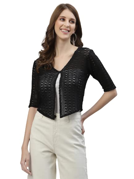 Style Quotient Women Self Design Black Cotton lace Regular Smart Casual Shrug