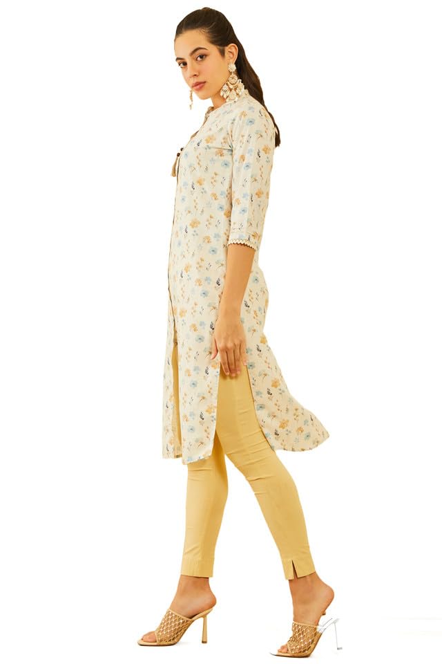 Soch Womens Off White Poly Cotton Floral Printed Kurta with Tassels