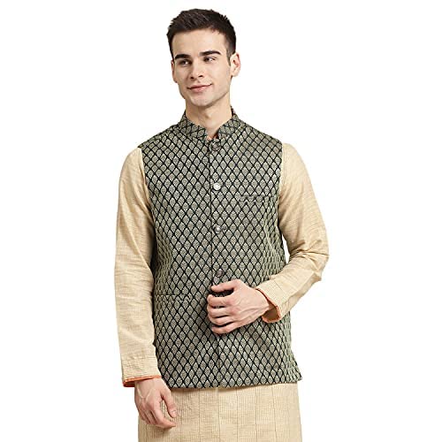 SOJANYA (Since 1958, Men's Jacquard Silk Dark Green Self Design ONLY Nehrujacket, Size: 40