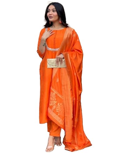 LookMark Womens Silk Blend Kurta Pant with Jacquard Dupatta Set and Khatali Work Suitable for Every Indian Occasion (AZ-LM-OG-K