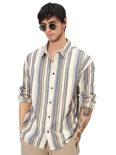 The Souled Store Stripes: Cream, Blue Men And Boys Long Sleeves Collared Neck Button Front Regular Fit Textured Shirts