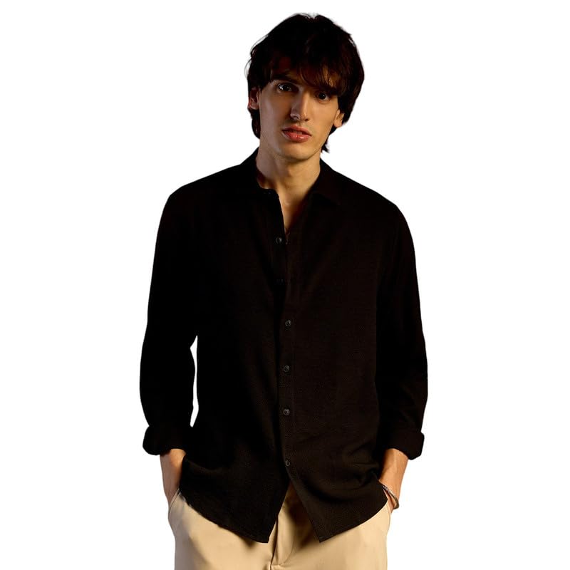 Campus Sutra Mens Midnight Black Embossed Micro Check Shirt for Casual Wear | Spread Collar | Long Sleeve | Button Closure | Sh