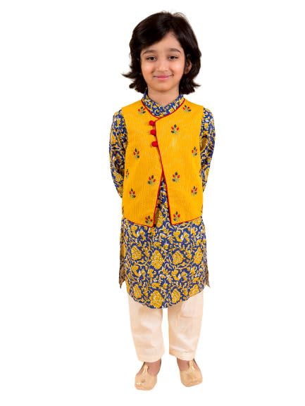 Pspeaches Boys Navy Blue Floral Printed Pure Cotton Kurta With Trousers With Dupatta