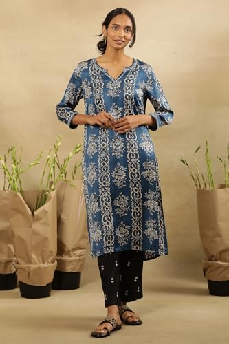 W for Woman Folksong by W Women Blue Festive Floral Print Viscose Straight Kurta