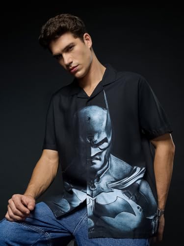 The Souled Store Batman: The Game Men and Boys Short Sleeve Collared Neck Button Front Black Graphic Printed Viscose Oversized S