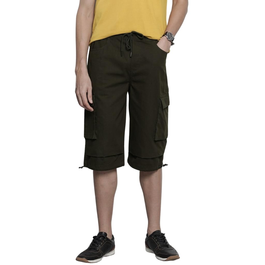 The Indian Garage Co Men Relaxed Fit Solid Mid-Rise Cargo Bermuda Shorts Dark Olive