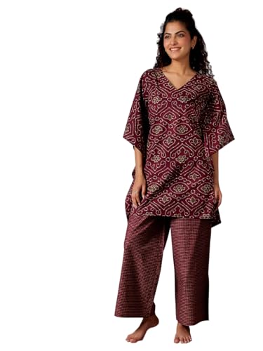 Libas Womens Printed Cotton Night Suit Set For Women Burgundy