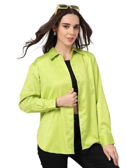 Style Quotient Women Solid Fluorescent Green Smart Casual Oversized Satin Shirt