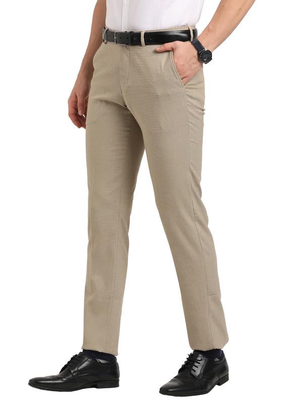 Turtle Men Poly-Viscose Stretch Beige Solid Ultra Slim Fit Formal Trouser