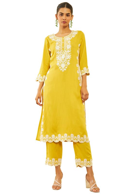 Soch Womens Mustard Rayon Slub Embroidered Kurta Set With Sequins