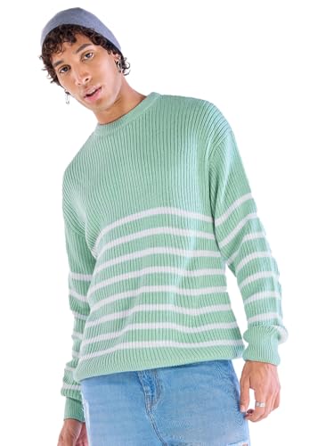 Bewakoof Mens Striped Super Loose Fit Full Sleeve Round Neck 100% Acrylic Sweater_644660_Green_XL