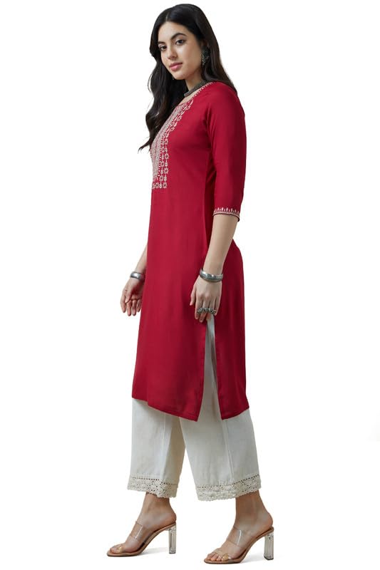 Soch Womens Maroon Rayon Zari Embroidered Kurta