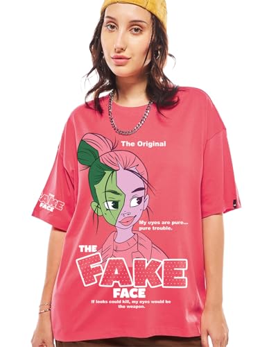 Bewakoof WomenS Graphic Printed Oversized Fit Half Sleeve Round Neck Cotton T-Shirt_671249_Pink_Xs