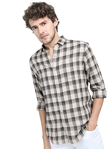 Ketch Poly Cotton Men'S Slim Fit Shirt (Khsh000631_Beige/Brown, Medium