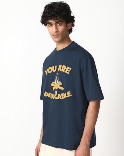 Bewakoof Official Looney Tunes Merchandise Daffy Duck Mens Graphic Printed Oversized Fit Half Sleeve Round Neck Cotton Jersey T